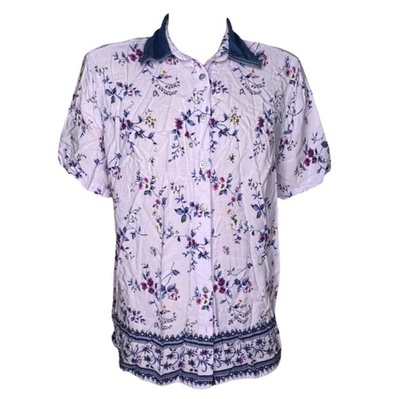 New Look Floral Denim Collar Button Up Shirt (Size: 1X, Color: Lavender/Blue) - Picture 1 of 3